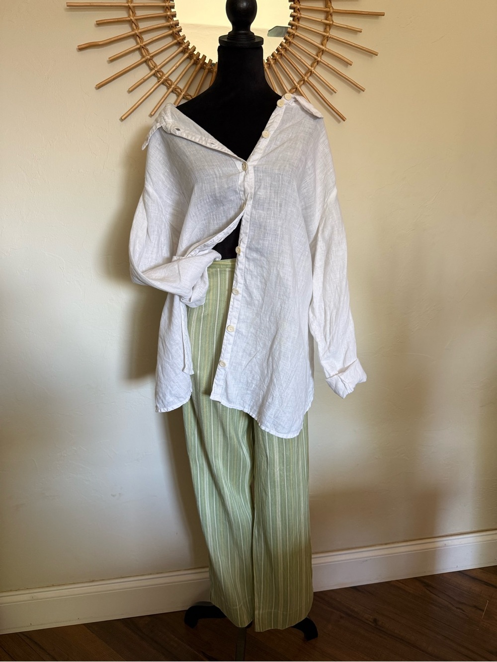 Silk Light Green Stripe Wide-Leg Women's Pants - Picture 8 of 8